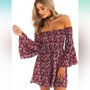 Boho floral long sleeve off shoulder dress